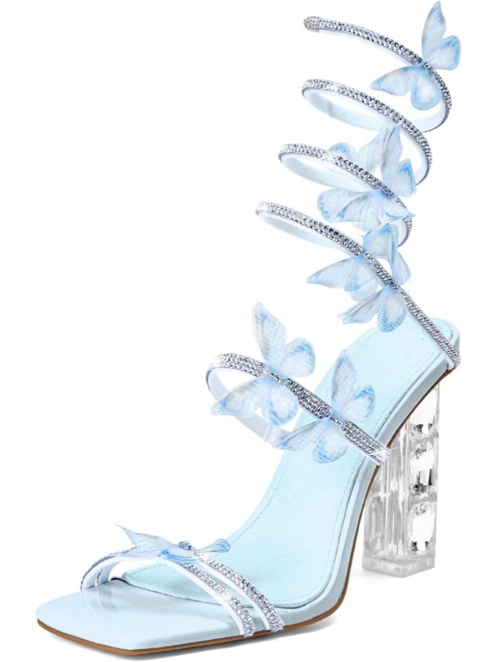 🆕Women's Light Blue Heels Square Toe Rhinestone Butterfly Prom Dressy Sandals